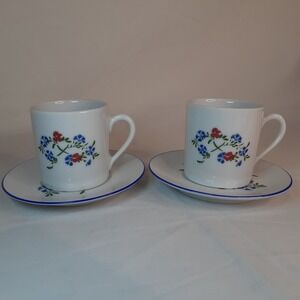 Set of 2 Oxford Cup and Saucer Blue Red Floral‎ France Porcelain Vintage